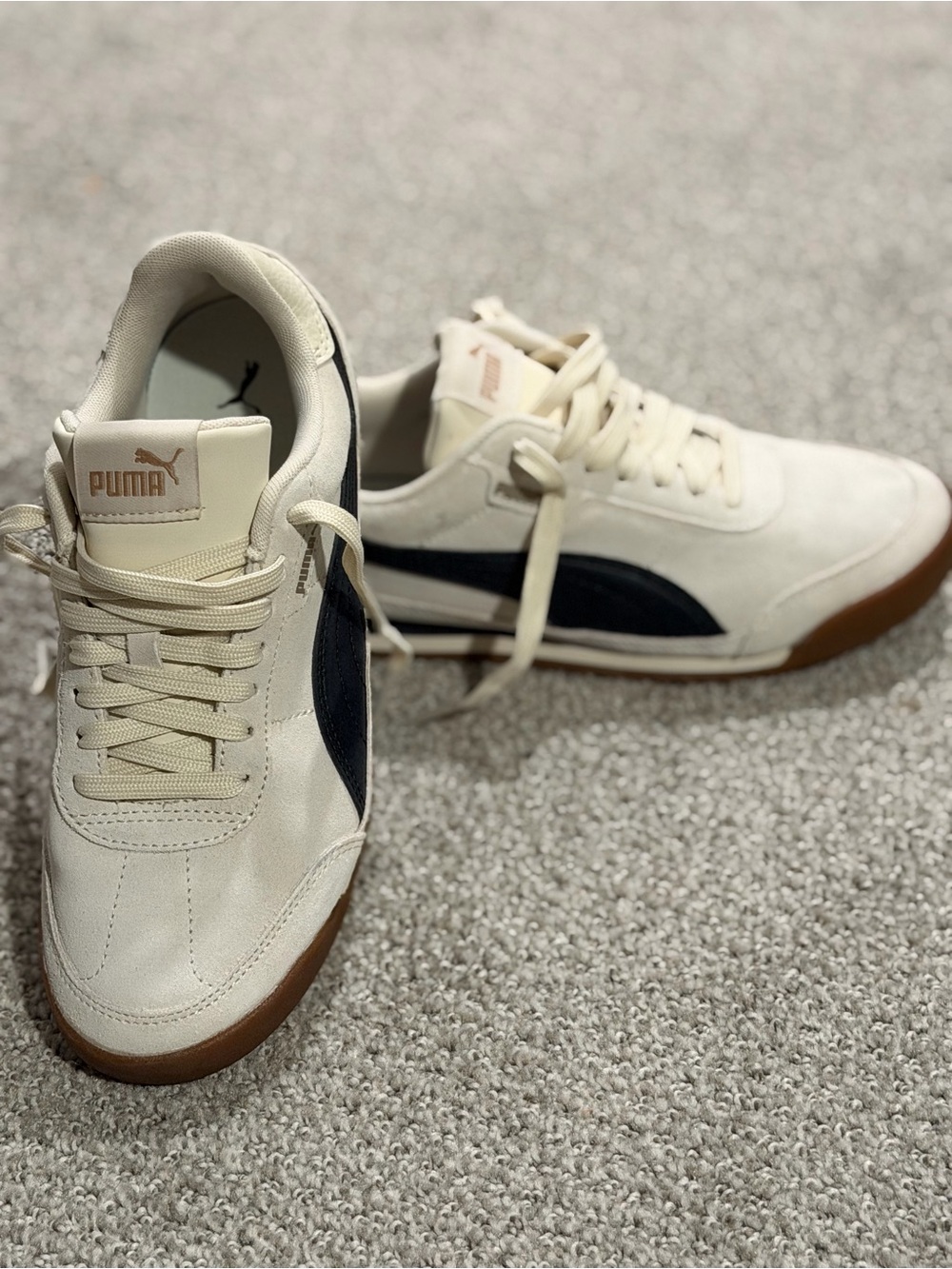 Puma Women’s “Bella Donna” Sneakers in Cream with Navy Stripe and Gum Sole